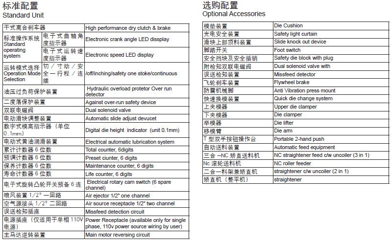 双曲轴冲床附属装置,双曲轴冲床标准配置